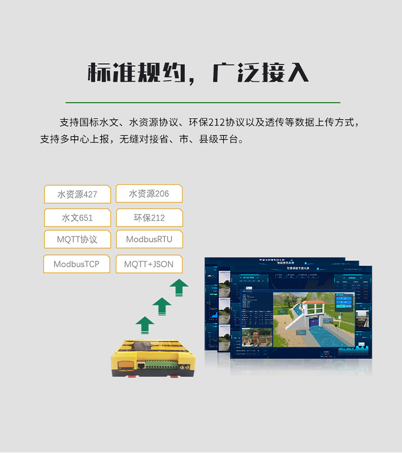 標(biāo)準(zhǔn)規(guī)約，廣泛接入。支持國標(biāo)水文、水資源協(xié)議、環(huán)保212協(xié)議以及透傳等數(shù)據(jù)上傳方式 支持多中心上報，無縫對接省、市、縣級平臺。