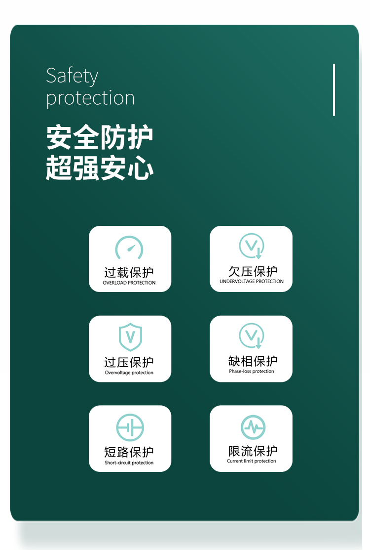 安全防護 超強安心。對過載、欠壓、過壓、缺相、短路、限流等狀況實現智能保護。